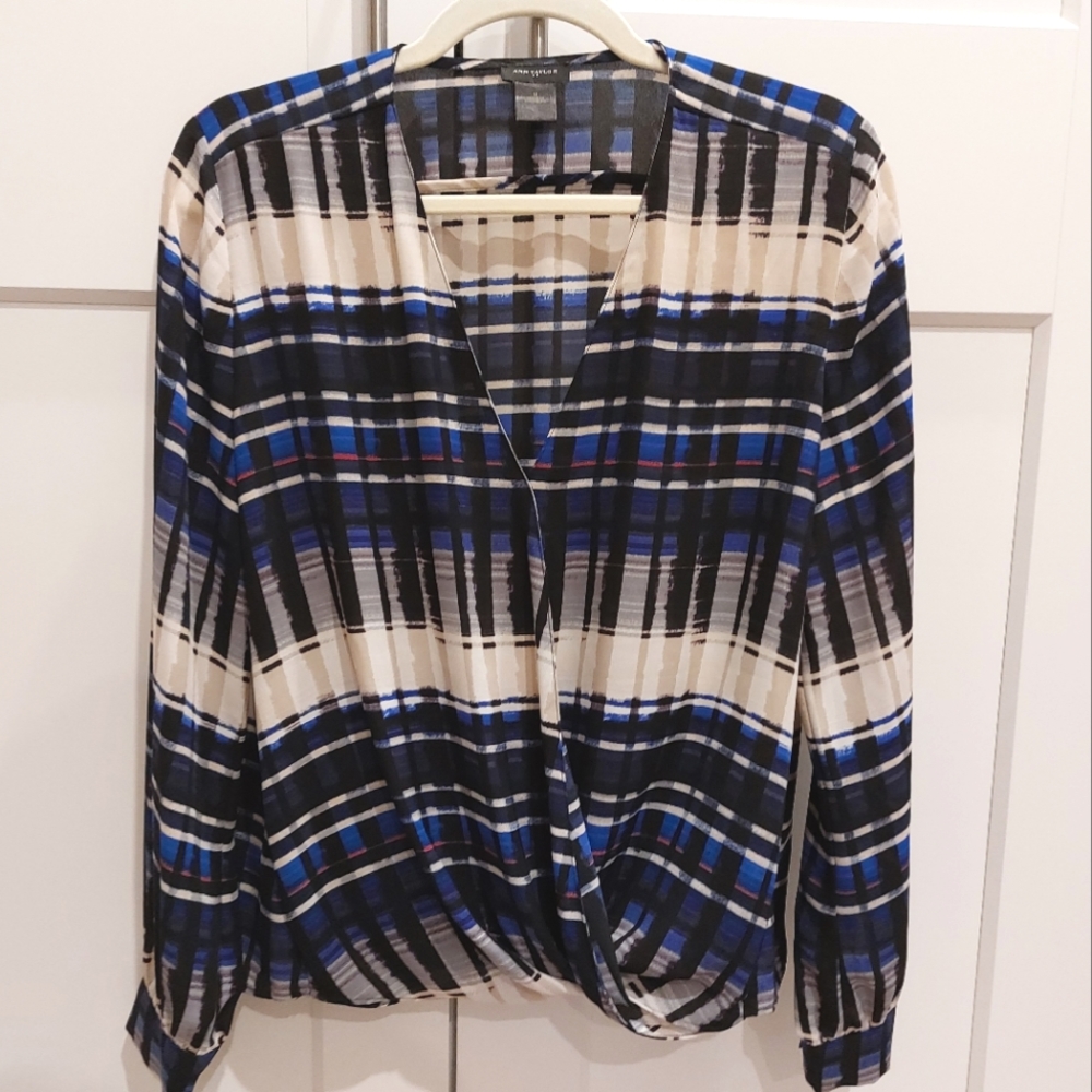 Ann Taylor Faux Wrap Blouse - Medium - Blue Purple Cream